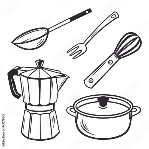 Coffee and baking utensil vector illustration with moka pot egg whisk serving spoon three pronged fork and round metal saucepan with glass top view
