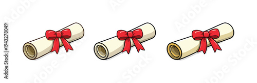 Three rolled diplomas tied with red ribbons, one with a golden interior