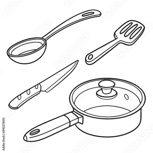 Essential cookware set vector illustration containing long handle saucepan with transparent lid carving knife large soup spoon and kitchen flipper