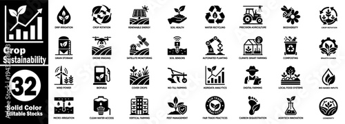Crop sustainability solid color icons set. Eco-friendly agriculture systems vector illustrator.