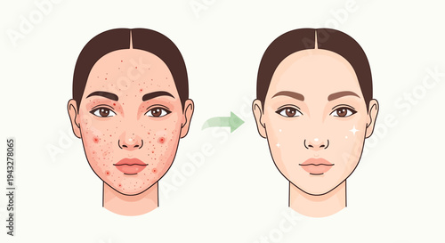 Skin transformation illustration comparison of before and after clear complexion graphic
