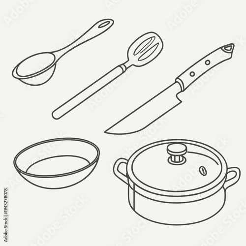 Simple line drawing of kitchen cookware and utensils a pot with lid a frying pan a knife a slotted spoon and a ladle isolated
