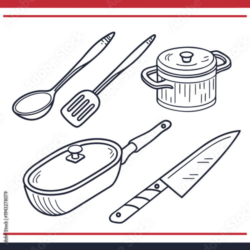 Vector set of essential kitchen equipment featuring a large pot with lid a frying pan with lid a chef's knife a slotted spatula and spoon