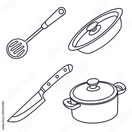 Assorted kitchen utensils and cookware arranged in a layout including a pot with lid frying pan slotted spoon and knife line art