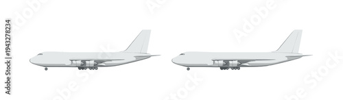 Moving goods process shown through a large cargo airplane with straight wings and tailfin in side view, same shape displayed side