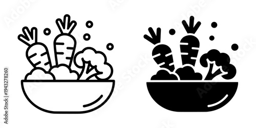 Set of 2 vegetable bowl icons vector, black and white isolated PNG with Transparent Background