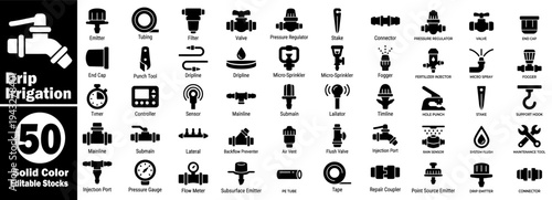 Drip irrigation system components and equipment vector icon collection vector illustrator.