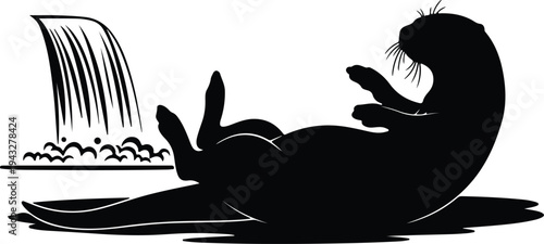 Silhouette playful river otter floating on water near scenic waterfall vector design