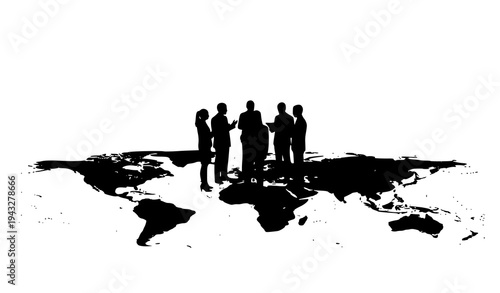 Global business team silhouette standing on world map for international cooperation