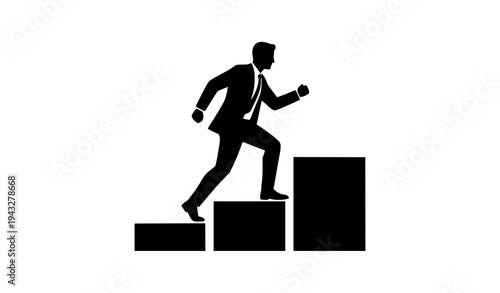 Silhouette businessman running up stairs showing career progress and growth on white background