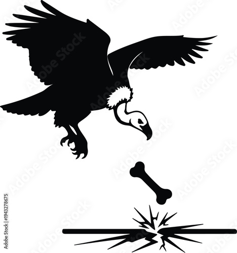 Silhouette scavenger vulture descending towards a bone on cracked earth vector design