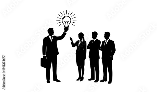 Businessman presenting idea light bulb to team, showing innovation and brainstorming on white background