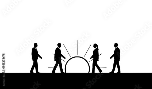 Silhouette of business team walking towards sunrise representing new beginnings and career opportunities