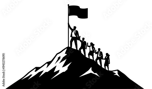 Business team reaching mountain summit and planting flag to celebrate successful project completion