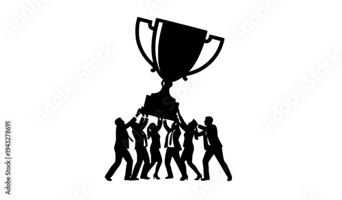 Team of businessmen lifting trophy celebrating achievement and success on white background