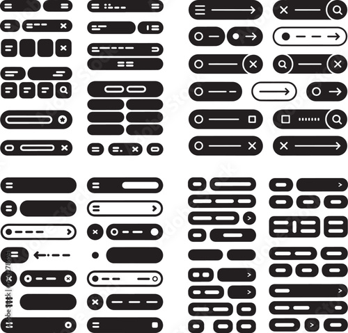 A large collection of black and white interface elements and various button designs for applications