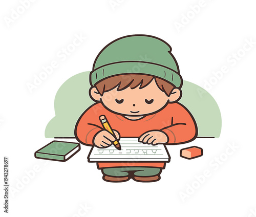 Cozy child practices handwriting at a desk, pencil tracing letters on paper, eraser and notebook nearby, posture focused. | child