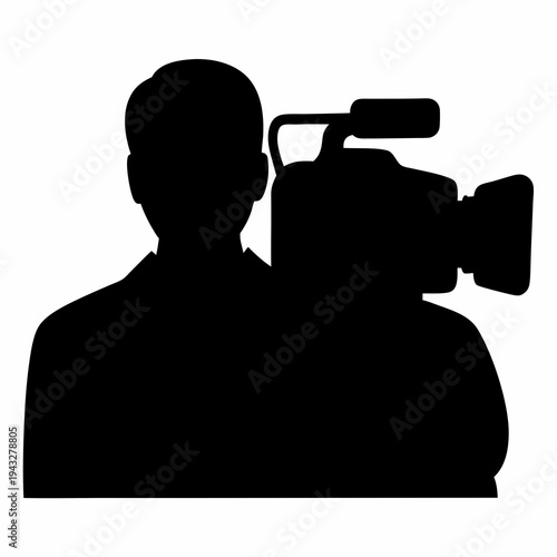 Silhouette of a cameraman with a professional camera, captured in black and white
