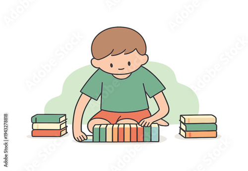 Cute cartoon boy arranging colorful books on the floor, learning and playing