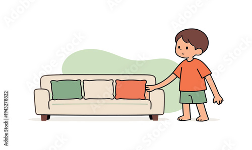 Bright child steps back after arranging cushions neatly, checking spacing on the sofa with focus. | child arranging cushions,
