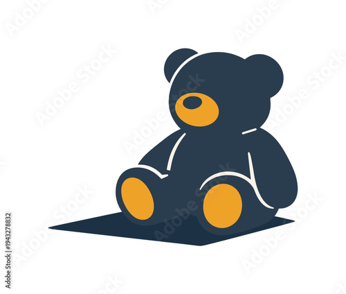Simple dark blue teddy bear with orange accents sitting on a dark square