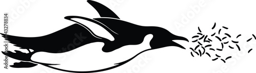 Silhouette swimming penguin hunting small krill in the deep ocean vector design