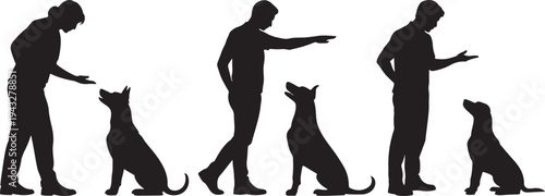 Black silhouettes of people interacting with and training dogs, demonstrating various commands and positions