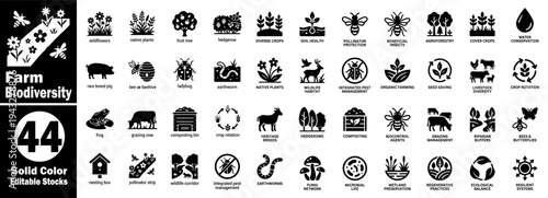 Farm biodiversity solid color icons pack. Collection of 44 symbols vector illustrator.
