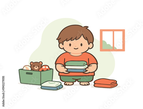 Cute cartoon boy holding folded laundry next to a toy box and a window