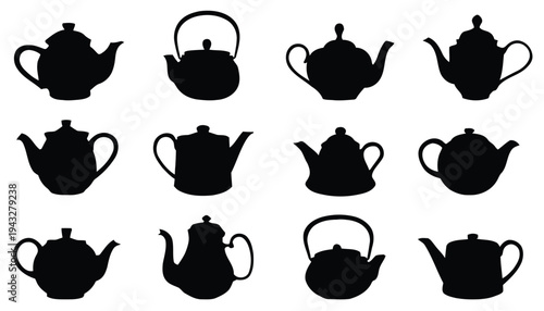 Twelve black silhouette teapots in various designs and sizes