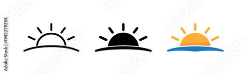 Prosperity metaphor symbolized by a rising sun partially above a horizon arc, identical silhouette echoed three times in a