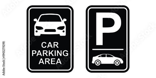 Two black and white parking area signs with car illustrations and text
