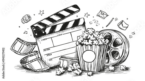 Hand-drawn movie clapperboard and popcorn illustration