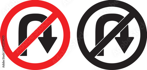 Two no U-turn signs in red and black on transparent background
