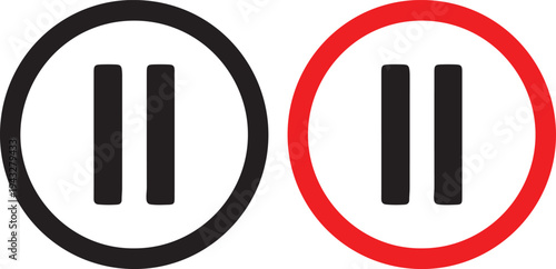 Two pause icons in circles, one black and one red