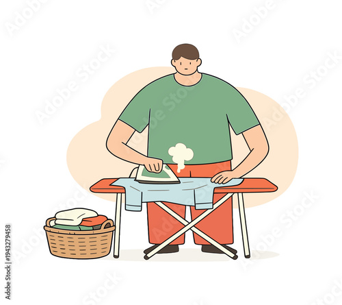 Soft person stands by an ironing board smoothing a shirt, light steam rising, laundry basket nearby, calm room around. | ironing