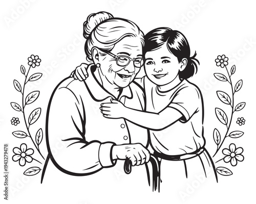 Black and white line art vector illustration of a happy grandmother with glasses and a cane, embracing her smiling granddaughter, framed by floral wreaths, perfect for family, love
