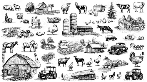 Vintage farm illustrations collage