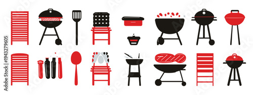 flat design barbecue and outdoor cooking icons vector illustration set