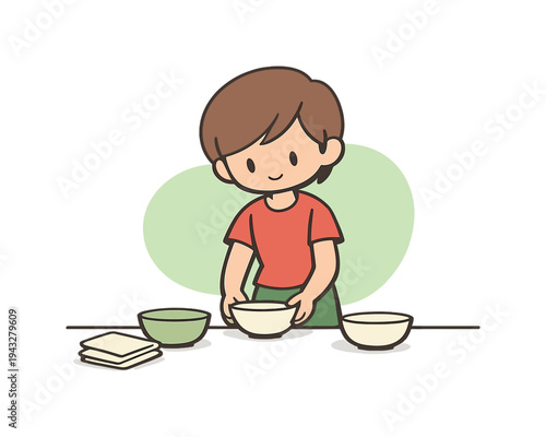 Morning child sets the table for dinner, arranging bowls neatly while napkins fold by the edge on clean table surface today
