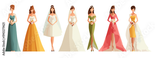 Collection of brides in various wedding dresses