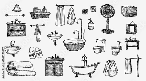 Hand-drawn bathroom items collection