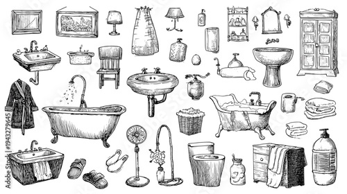Vintage bathroom items collection illustration