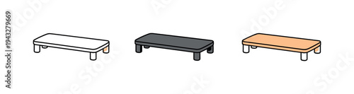 Three monitor stands in different styles: outline, black, and wood grain