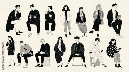 Illustrated characters in various poses and styles