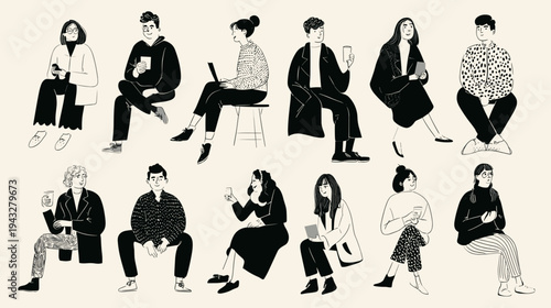 diverse group of people sitting and standing flat design vector illustration