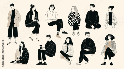 Illustrated characters in various poses and styles