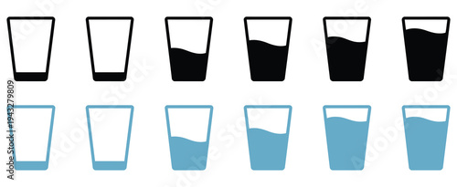 Water glass icon set in black on white background, full and empty glass of water, flat design, isolated drinking water symbols, and hydration concept vector
