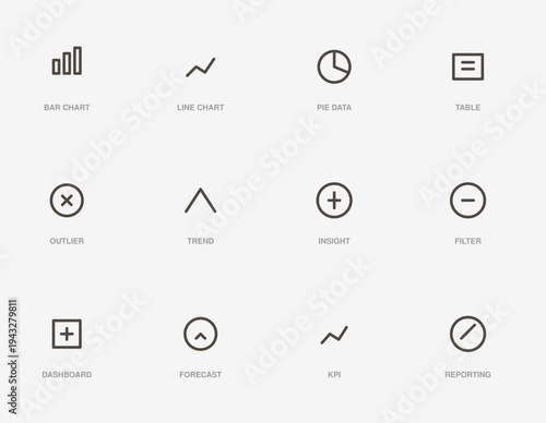 Set of 12 Minimalist Data Analysis and Business Statistics Vector Icons for Financial Reports, Marketing Presentations, and Website UI Design