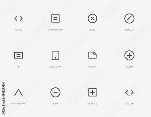 Set of 12 Minimalist Line Vector Icons for Web Development, Coding, and Mobile App Design, Featuring Code, Bug, Deploy, UI, and Script Symbols on a Light Gray Background